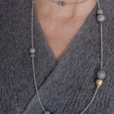 Długi naszyjnik z labradorytów i druzów agatowych